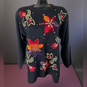 Vintage Victoria Harbour Embroidered Beaded Sweater With Velvet Flowers